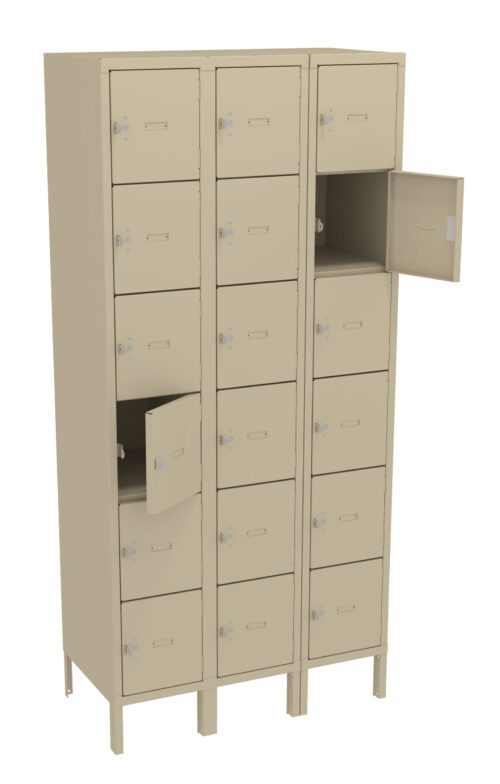 o7yi6oga8ecenq3kow76.jpg A beige metal locker unit with three columns and five rows. Some locker doors are open, showing empty compartments inside, while others are closed. The unit is standing on four legs.