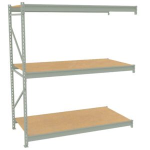 A metal shelving unit with three wooden shelves. The frame is gray metal with support beams and holes for adjustable shelf height. The shelves are evenly spaced and empty, shown against a white background.