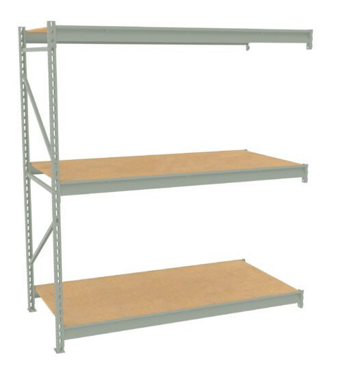 A metal shelving unit with three wooden shelves. The frame is gray metal with support beams and holes for adjustable shelf height. The shelves are evenly spaced and empty, shown against a white background.