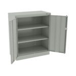 A gray metal storage cabinet with double doors open, revealing three empty shelves inside. The cabinet has a simple, industrial design and is slightly elevated off the floor.