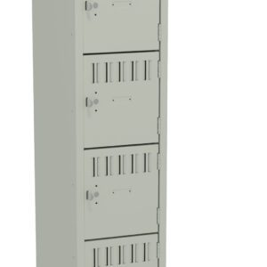 A tall, light gray metal locker with one larger compartment at the top, which is open, and five smaller, closed compartments below, each secured with a lock.