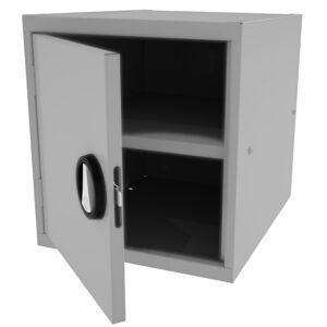 A gray metal cabinet with a single door slightly ajar, revealing two empty shelves inside. It has a black handle on the front and a simple, boxy design.