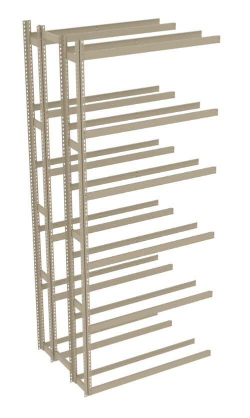Beige metal cantilever racking system with multiple horizontal arms extending from vertical supports, designed for holding long materials like lumber or pipes, displayed against a white background.