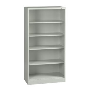 A light gray, five-shelf bookcase standing upright. The shelves are empty and evenly spaced, with a solid back panel. The design is simple and functional, suitable for organizing books or office supplies.