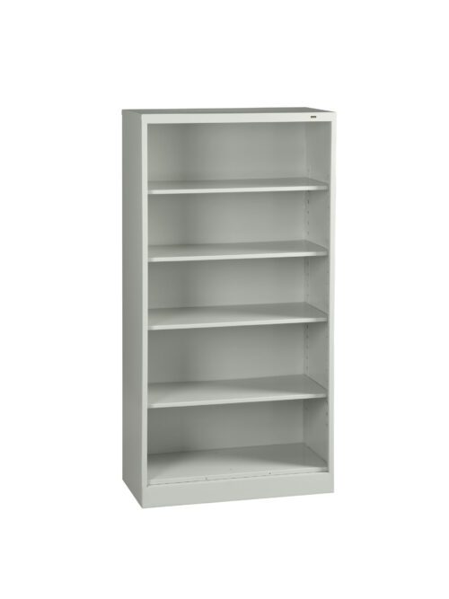 A light gray, five-shelf bookcase standing upright. The shelves are empty and evenly spaced, with a solid back panel. The design is simple and functional, suitable for organizing books or office supplies.