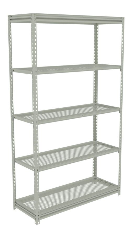 oaaow7hfomwb1lnzlaag.jpg Metal shelving unit with five perforated shelves, standing against a white background. The framework is simple and sturdy, designed for storage or organizing various items. The light grey color gives it a neutral appearance.