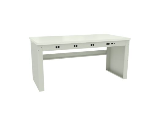 White minimalist desk with a flat rectangular top and sturdy side panels. It features five visible black cable management grommets along the back edge, designed for organized wiring. The desk has a modern, simple design suitable for an office or home workspace.