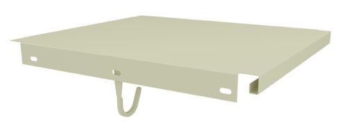 oahug304jbvi2r7psxqb.jpg A beige, flat metal bracket with a hook underneath, featuring rectangular slots on the side. Designed for mounting or supporting objects, shown against a white background.