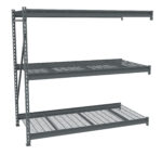 Industrial metal shelving unit with three adjustable wire mesh shelves. The frame is sturdy with vertical supports and cross braces. The shelves are evenly spaced, designed for heavy-duty storage. The unit is freestanding and open at the front.