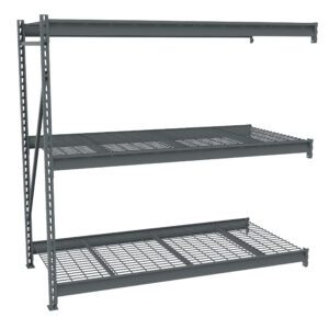 Industrial metal shelving unit with three adjustable wire mesh shelves. The frame is sturdy with vertical supports and cross braces. The shelves are evenly spaced, designed for heavy-duty storage. The unit is freestanding and open at the front.