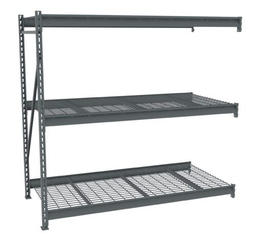 oaiqv8wyzkf6xldcbi2q.jpg Industrial metal shelving unit with three adjustable wire mesh shelves. The frame is sturdy with vertical supports and cross braces. The shelves are evenly spaced, designed for heavy-duty storage. The unit is freestanding and open at the front.