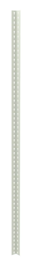 A vertical metal strip with evenly spaced triangular perforations along its length, shown against a white background. The strip is narrow and light in color.