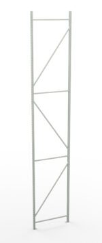 Tall, silver metal shelving rail with diagonal and horizontal braces forming triangular sections. The structure is photographed against a plain white background.