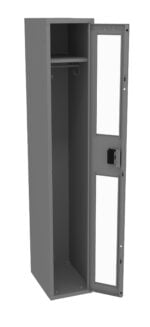A tall, gray metal locker with a transparent door is shown. The door is open, revealing an empty interior with a shelf and a hanging rod inside. The locker has a black handle and lock on the door.
