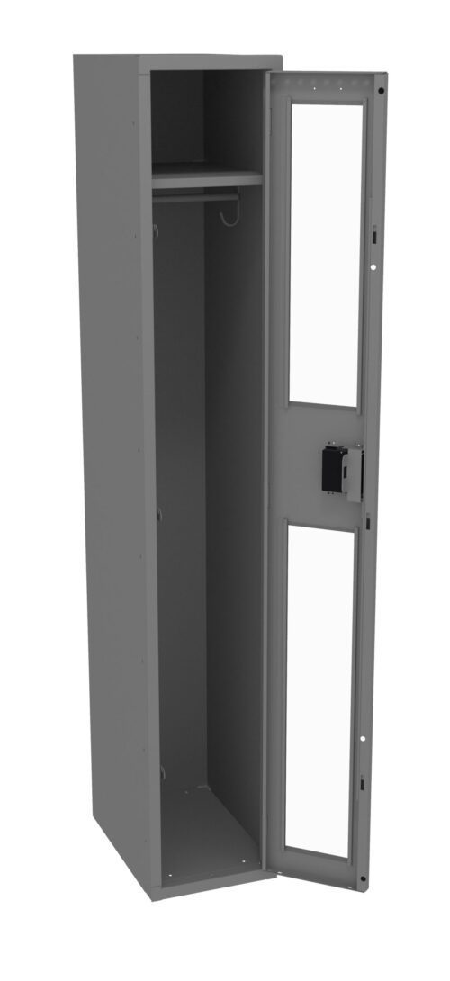 A tall, gray metal locker with a transparent door is shown. The door is open, revealing an empty interior with a shelf and a hanging rod inside. The locker has a black handle and lock on the door.