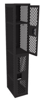 Black metal locker with perforated lattice design. The locker is open, revealing two shelves in the upper compartment and additional space in the lower compartment. Both sections have handles for opening.