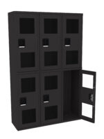 A set of six black storage lockers arranged in two rows. The lockers have front panels with rectangular windows. One locker door is open, showing the interior space. The design is minimalist and industrial.