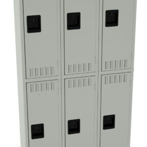 A beige metal locker unit with six compartments, arranged in two vertical columns and three horizontal rows. Each compartment has a black latch handle and small ventilation slots. The unit stands on a flat surface against a white background.