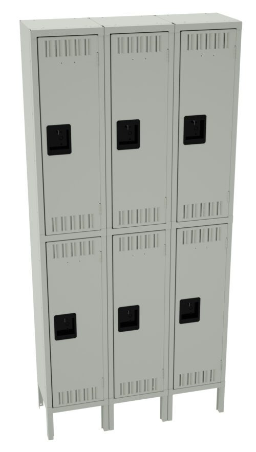ob6a30mmij6ylm0vesrf.jpg A beige metal locker unit with six compartments, arranged in two vertical columns and three horizontal rows. Each compartment has a black latch handle and small ventilation slots. The unit stands on a flat surface against a white background.
