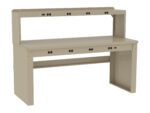 A beige workbench with an upper shelf and multiple electrical outlets along the front edge. The design is industrial, suitable for workshops or laboratories. The structure is made of sturdy material, providing ample workspace.