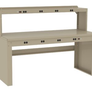A beige workbench with an upper shelf and multiple electrical outlets along the front edge. The design is industrial, suitable for workshops or laboratories. The structure is made of sturdy material, providing ample workspace.