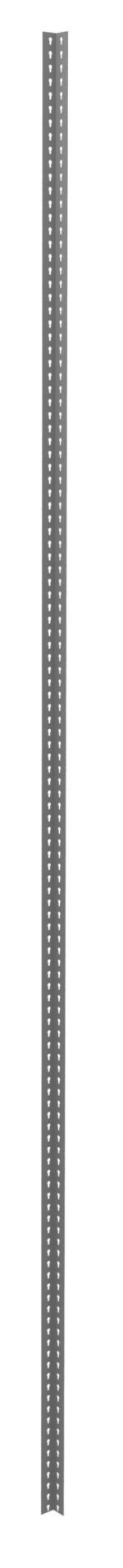 An upright, tall metal pole with a row of evenly spaced circular holes running vertically along its length. The gray pole is set against a plain white background.