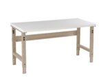 A beige adjustable workbench with a flat white tabletop and sturdy metal legs, featuring various height adjustment holes. The bench has a simple, industrial design suitable for workshops or garages.