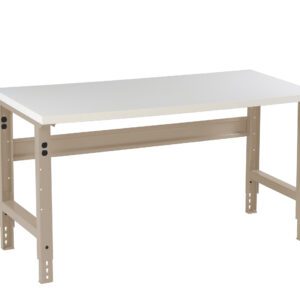 A beige adjustable workbench with a flat white tabletop and sturdy metal legs, featuring various height adjustment holes. The bench has a simple, industrial design suitable for workshops or garages.