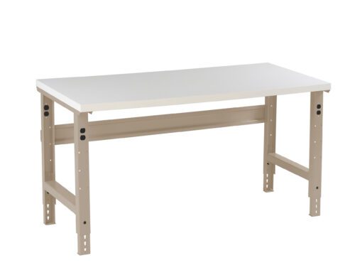obo4bytq0oqfkc3soj55.jpg A beige adjustable workbench with a flat white tabletop and sturdy metal legs, featuring various height adjustment holes. The bench has a simple, industrial design suitable for workshops or garages.