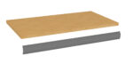 Illustration of a wooden tabletop with a rectangular shape, shown alongside a gray metal support beam beneath it. The beam appears designed to be mounted under the tabletop for support.