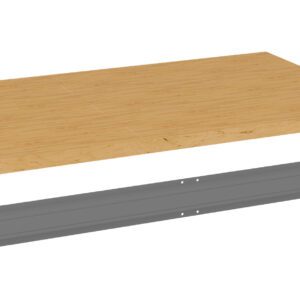 Illustration of a wooden tabletop with a rectangular shape, shown alongside a gray metal support beam beneath it. The beam appears designed to be mounted under the tabletop for support.
