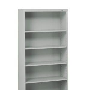 A metal bookshelf with a minimalist design, featuring five empty shelves and a light gray finish. The shelf has a simple, boxy structure and is photographed against a plain, white background.