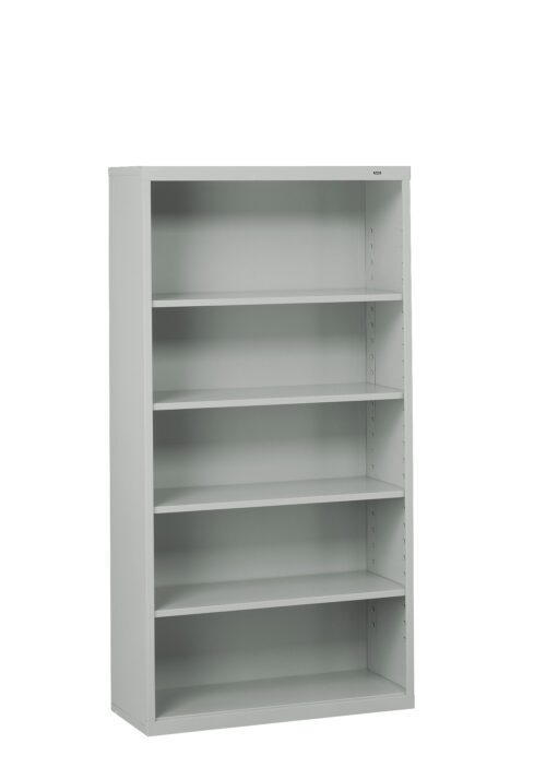 A metal bookshelf with a minimalist design, featuring five empty shelves and a light gray finish. The shelf has a simple, boxy structure and is photographed against a plain, white background.