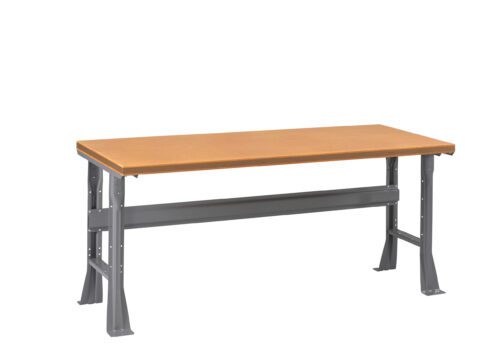 ocqtpb8zihjchj0rhnwk.jpg A sturdy workbench with a light brown wooden top and gray metal legs. The legs have reinforced bars for stability. The bench is shown on a plain white background.