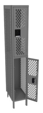 Gray metal locker with a top and bottom compartment. The bottom door is open, revealing an empty interior. Both doors have a diamond-shaped lattice design and black rectangular handles. The top compartment is closed.