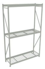 Metal shelving unit with three levels and a grid design on each shelf. The frame includes vertical supports and cross braces for stability. Suitable for storage or organizing spaces such as garages or warehouses.