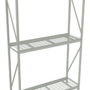 Metal shelving unit with three levels and a grid design on each shelf. The frame includes vertical supports and cross braces for stability. Suitable for storage or organizing spaces such as garages or warehouses.