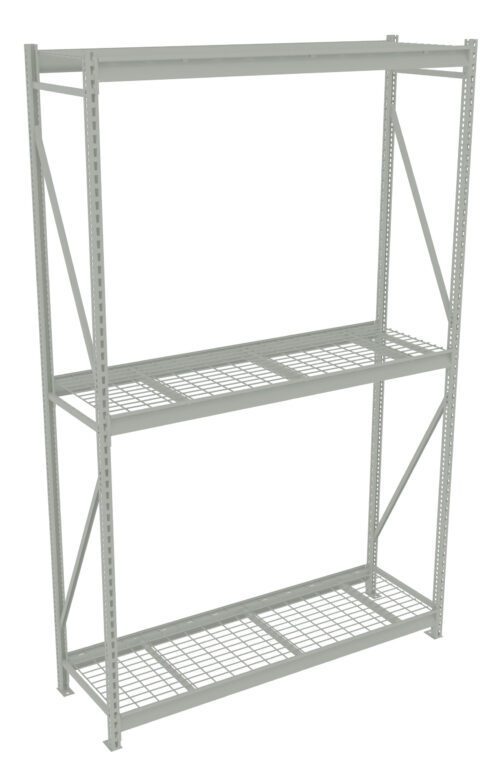 Metal shelving unit with three levels and a grid design on each shelf. The frame includes vertical supports and cross braces for stability. Suitable for storage or organizing spaces such as garages or warehouses.
