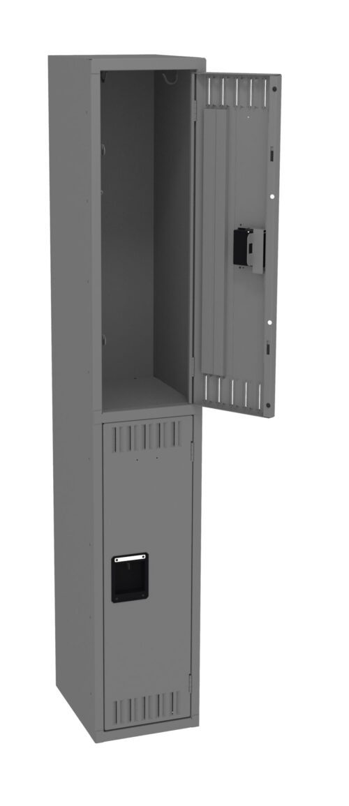 A tall, narrow, gray metal locker is shown with one of its two doors open. The open door reveals an empty, spacious interior with a small shelf at the top. The locker has ventilation slots and is suitable for secure storage.