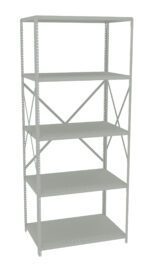 A tall, metal shelving unit with five shelves and a minimalist design. The frame is light gray with X-shaped crossbars for support on the sides and back.