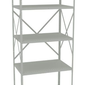 A tall, metal shelving unit with five shelves and a minimalist design. The frame is light gray with X-shaped crossbars for support on the sides and back.
