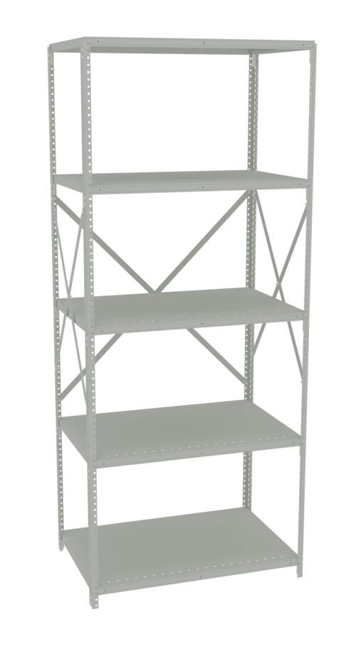 A tall, metal shelving unit with five shelves and a minimalist design. The frame is light gray with X-shaped crossbars for support on the sides and back.
