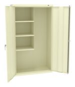 Cream-colored metal cabinet with one open door, revealing several shelves on the left side and a large storage space on the right. The exterior features subtle vertical ridges and a handle on the right.