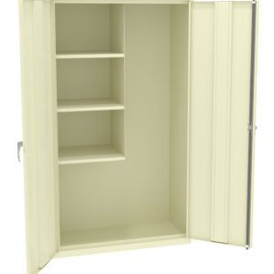 Cream-colored metal cabinet with one open door, revealing several shelves on the left side and a large storage space on the right. The exterior features subtle vertical ridges and a handle on the right.