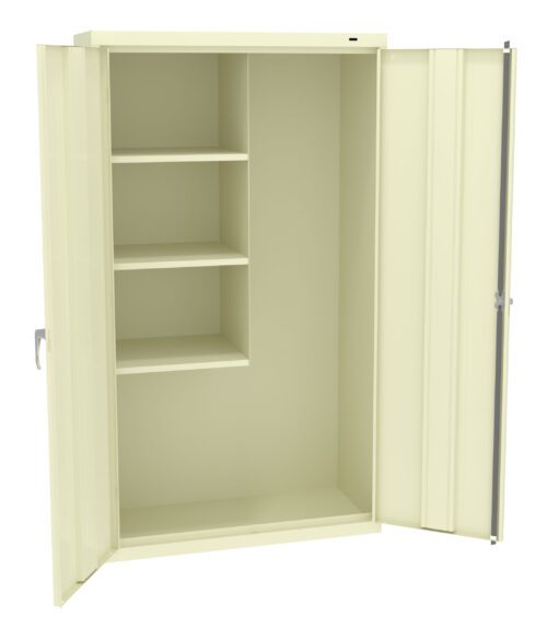 odbyolta8pieh7hbcr8t.jpg Cream-colored metal cabinet with one open door, revealing several shelves on the left side and a large storage space on the right. The exterior features subtle vertical ridges and a handle on the right.