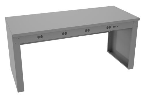 A gray, rectangular steel workbench with multiple circular holes along the front edge. The design is simple and industrial, featuring a solid build with flat surfaces and open sides, set against a plain white background.