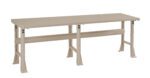 A long, beige workbench with metallic construction and sturdy legs. The bench has a rectangular top and is supported by two U-shaped legs on each side, featuring a reinforced bar underneath for stability. The design is simple and functional.