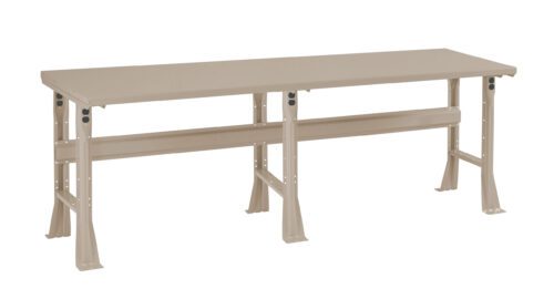 odpyrs0ocdmd5vzfyzae.jpg A long, beige workbench with metallic construction and sturdy legs. The bench has a rectangular top and is supported by two U-shaped legs on each side, featuring a reinforced bar underneath for stability. The design is simple and functional.