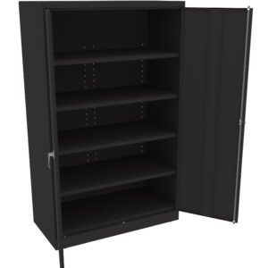 Black metal cabinet with a slightly open door, revealing five adjustable shelves inside. The cabinet is empty and has a sleek, minimalist design.