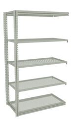 A metal shelving unit with five adjustable perforated shelves. The structure is open on all sides and appears sturdy, suitable for storage or organizing items. The unit has a simple, industrial design.
